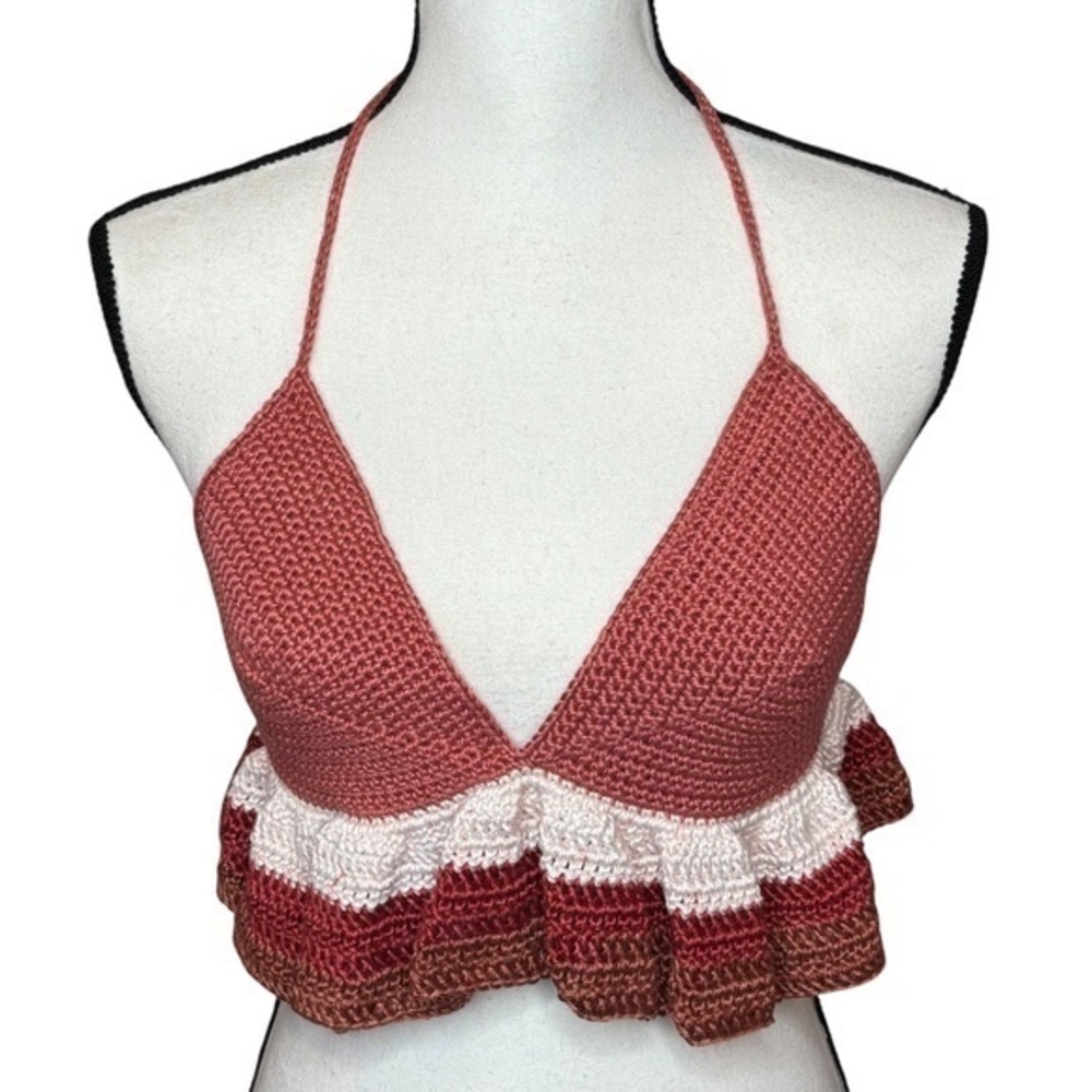 Handcrafted Ruffle‎ Halter Crop Top Bamboo Yarn Art Handmade Crochet Knit Summer